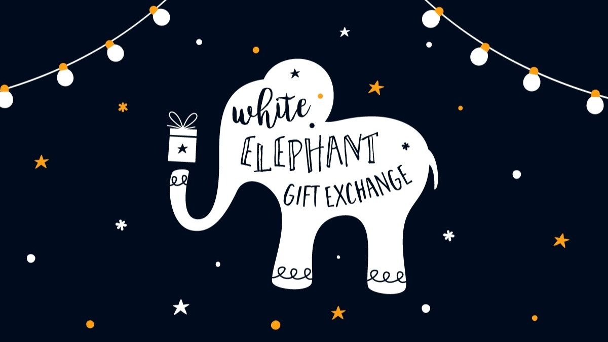 White elephant gift exchange text on a white elephant silhouette, with string lights and stars.