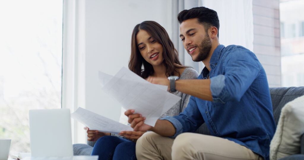 Mortgage, happy or couple with financial paperwork, salary or budget for household bills or accounting. Finance documents, planning or people with income for investment growth, report and savings